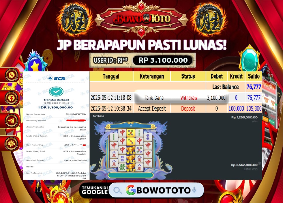 🎯 MAXWIN!! MENANG BESAR DI PERMAINAN MAHJONG WINS!!! BOWOTOTO BAYAR LUNAS RP 3.100.000!! 💸