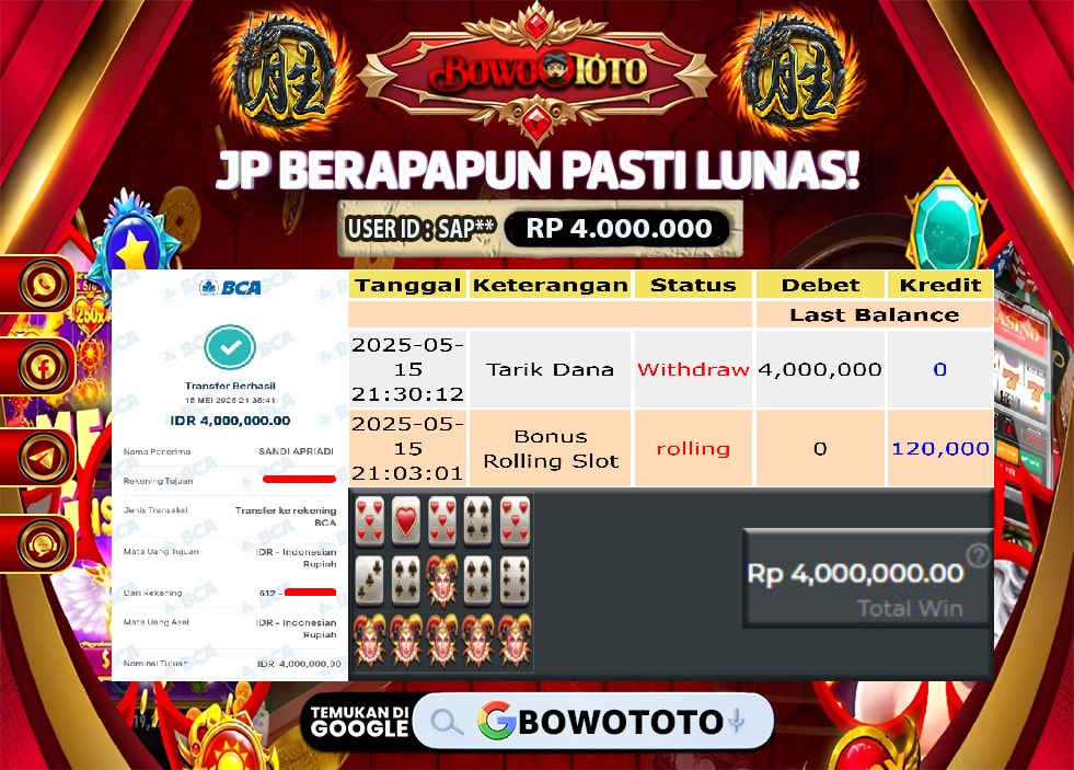 🎯 MAXWIN!! MENANG BESAR DI PERMAINAN JOKER JEWEL DICE!!! BOWOTOTO BAYAR LUNAS RP 4.000.000!! 💸