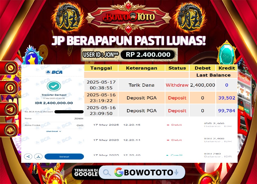 🎯 MAXWIN!! MENANG BESAR DI PERMAINAN MAHJONG WAYS!!! BOWOTOTO BAYAR LUNAS RP 2.400.000!! 💸