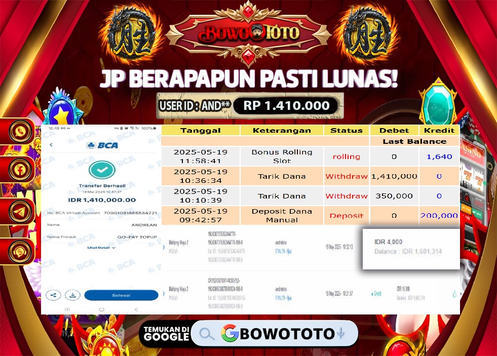 🎯 MAXWIN!! MENANG BESAR DI PERMAINAN MAHJONG WAYS!!! BOWOTOTO BAYAR LUNAS RP 1,410.000!! 💸