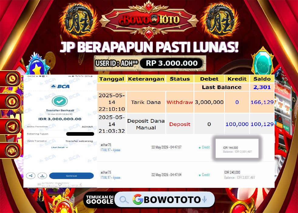 🎯 MAXWIN!! MENANG BESAR DI MAHJONG WAYS1!!! BOWOTOTO BAYAR LUNAS RP 3.000.000!! 💸
