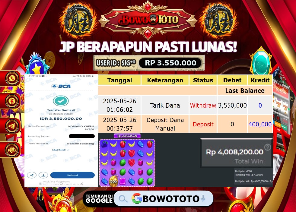 🎯 MAXWIN!! MENANG BESAR DI PERMAINAN SWEET BONANZA!!! BOWOTOTO BAYAR LUNAS RP 3.550.000!! 💸