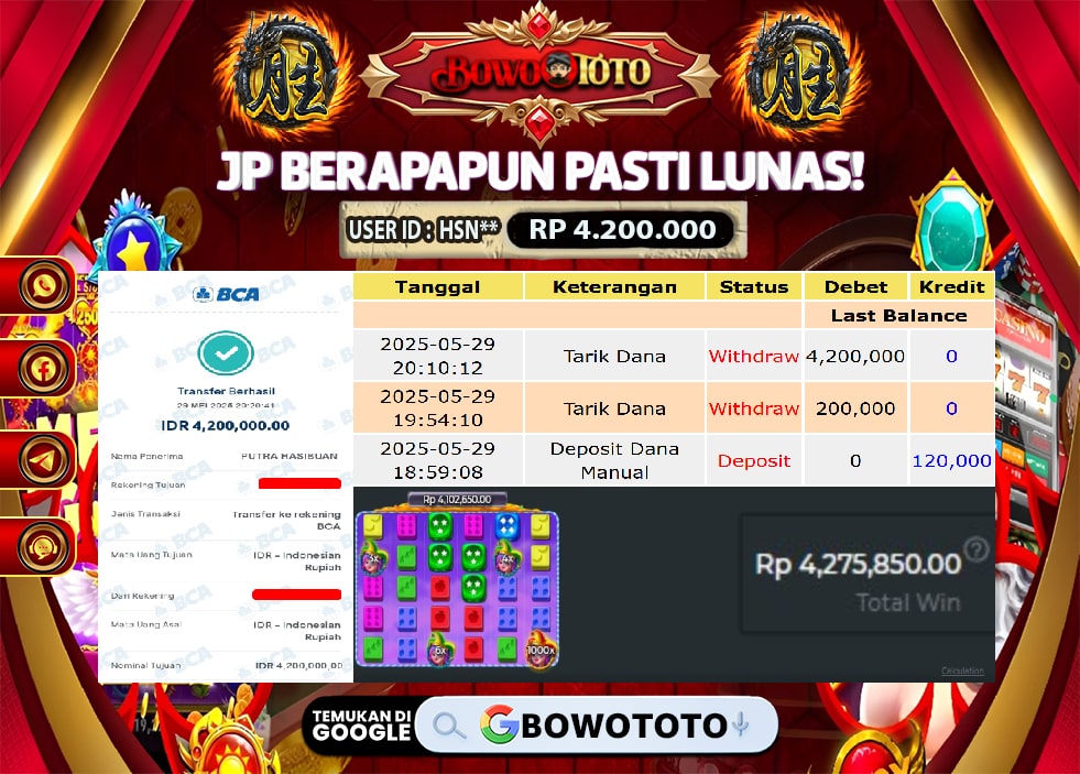 🎯 MAXWIN!! MENANG BESAR DI PERMAINAN BONANZA 1000 DICE!!! BOWOTOTO BAYAR LUNAS RP 4.200.000!! 💸