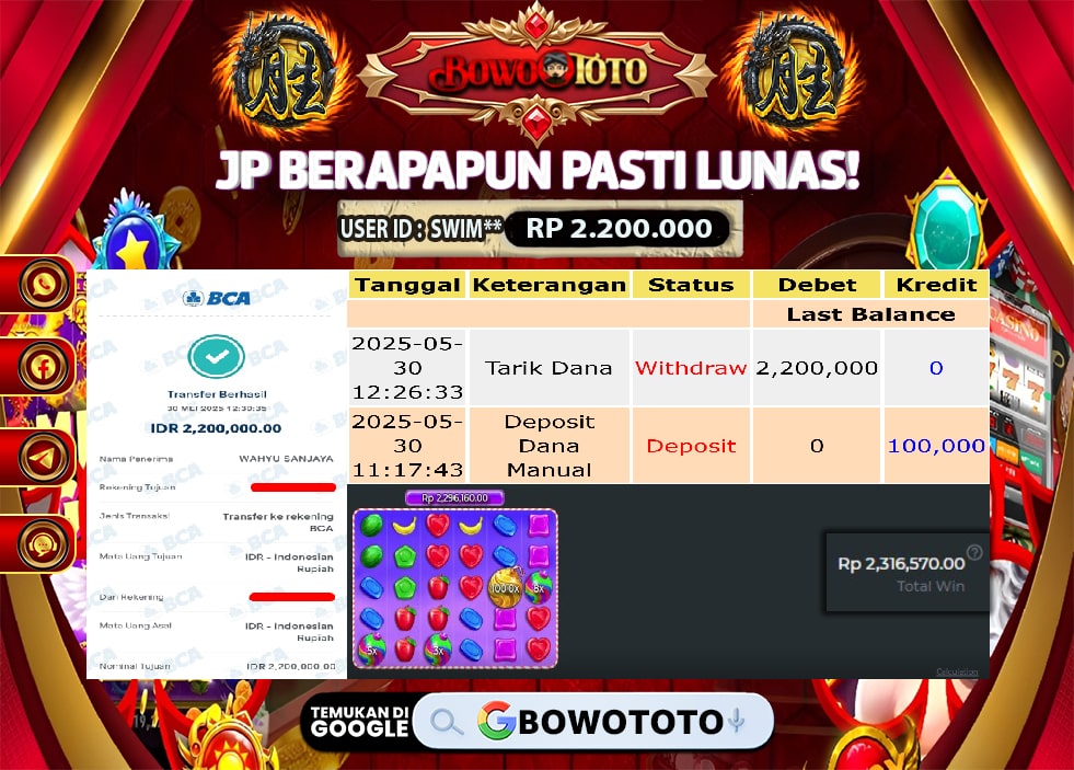 🎯 MAXWIN!! MENANG BESAR DI PERMAINAN SWETT BONANZA !!! BOWOTOTO BAYAR LUNAS RP 2.200.000!! 💸
