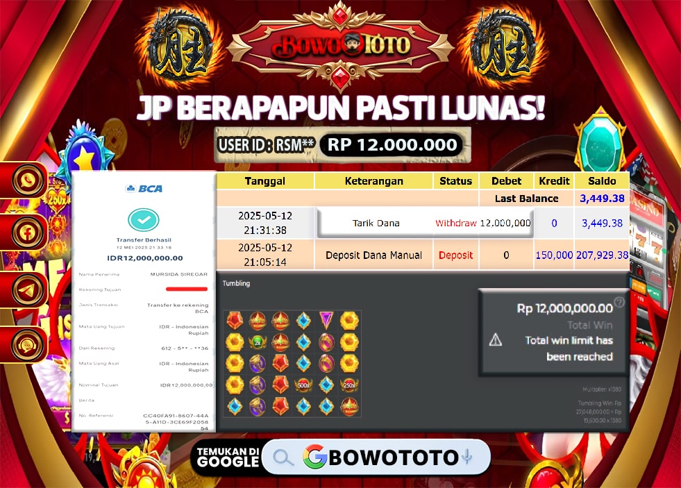🎯 MAXWIN!! MENANG BESAR DI PERMAINAN GATES OF OLYMPUS!!! BOWOTOTO BAYAR LUNAS RP 12.000.000!! 💸