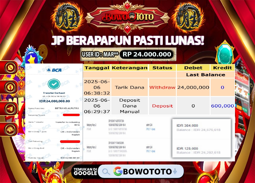 🎯 MAXWIN!! MENANG BESAR DI PERMAINAN MAHJONG WINS2!!! BOWOTOTO BAYAR LUNAS RP 24.000.000!! 💸